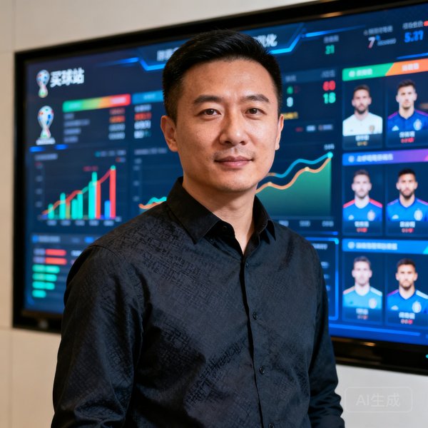 买球站创始人兼CEO陈志远的半身职业肖像照，他穿着深色衬衫站在数据大屏前，背景显示着世界杯球员数据可视化界面